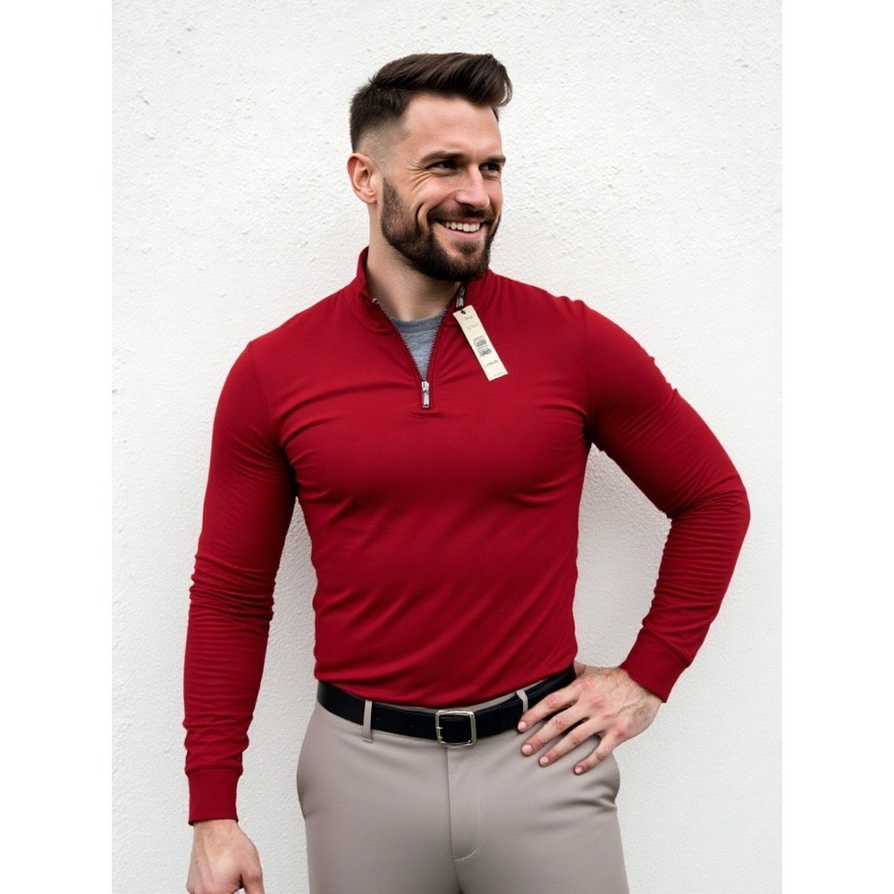 TAHARI Mens Red Viscose Blend Quarter Zip Long Sleeve Pullover Shirt Size‎ M